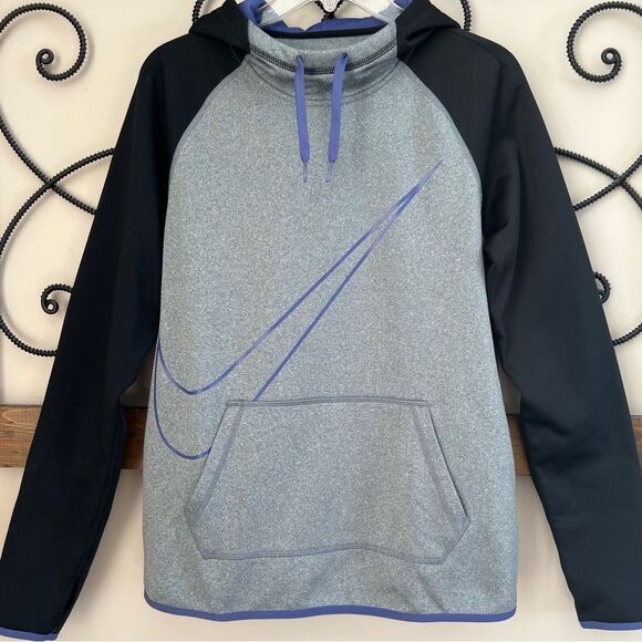 Nike Dri-Fit Moisture Wicking Gray Purple Swoosh Logo Hooded Sweatshirt Size M - Picture 1 of 12